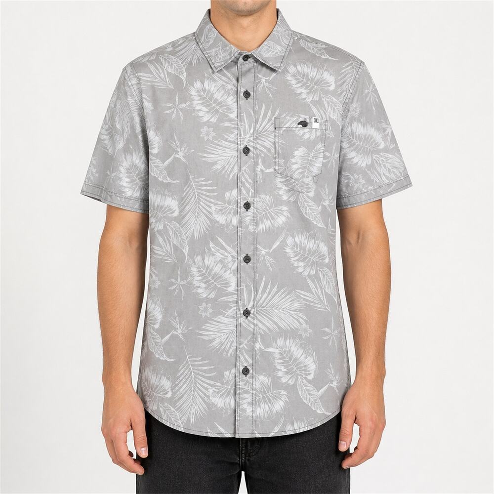 DC Shirt Mens Small Gray Cotton Hawaiian Tropical Aloha Skateboard Button-Up